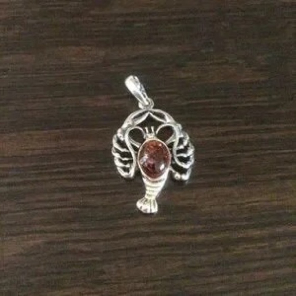 Sterling Silver Lobster Pendant with Amber Stone